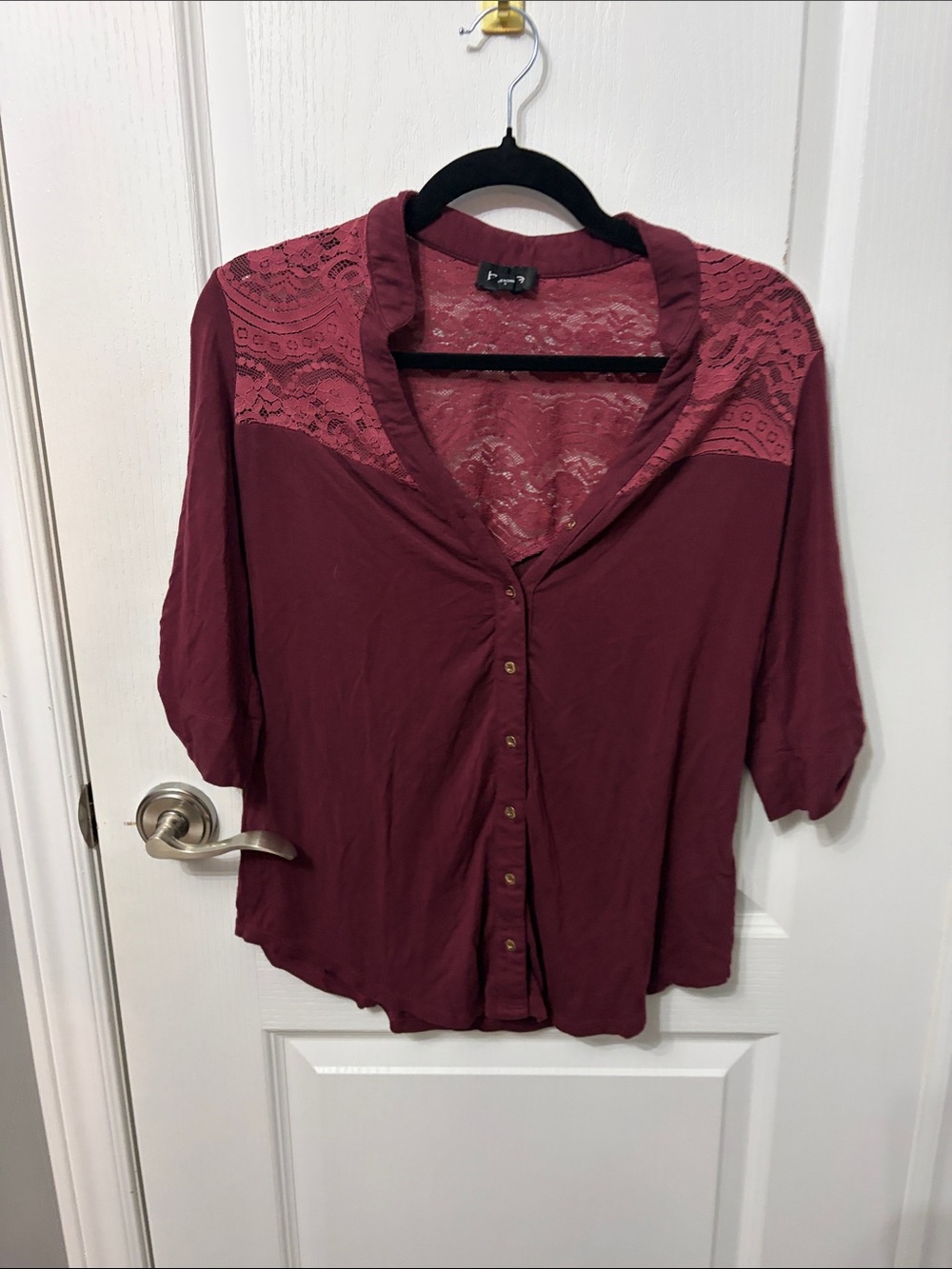 Bebe Lace-Shoulder Button Down Top in Burgundy